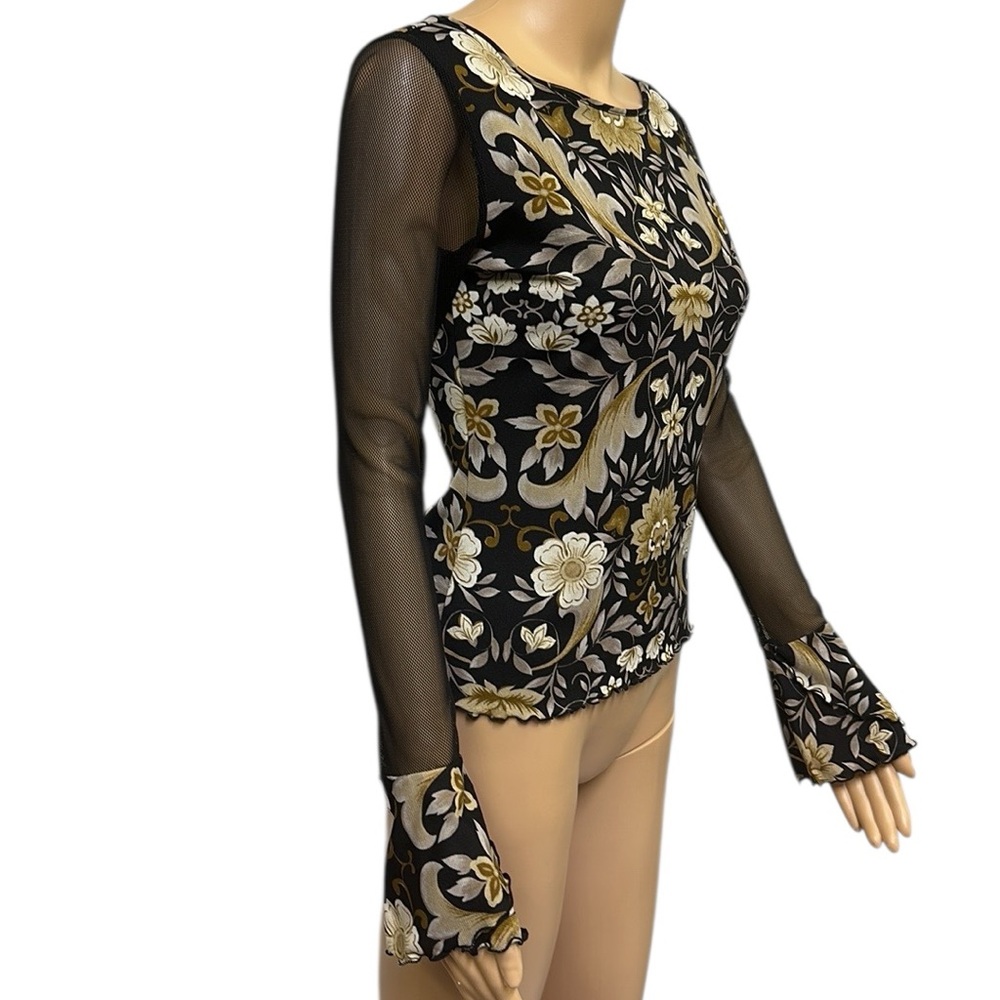 Inc International Concepts Floral Mesh Bell Cuff Long Sleeve Top Petite Medium
